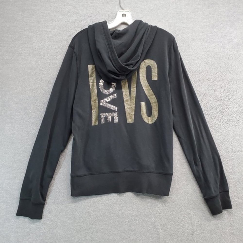 Victoria's Secret Women Sweatshirt‎ Large Black Hoodie Sequins Logo Angel Wings